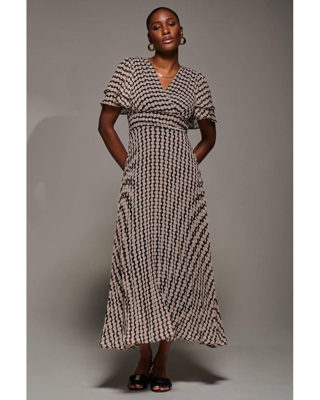 Jolie Moi Brown Chiffon Ruffle Sleeve Pleated Maxi Dress