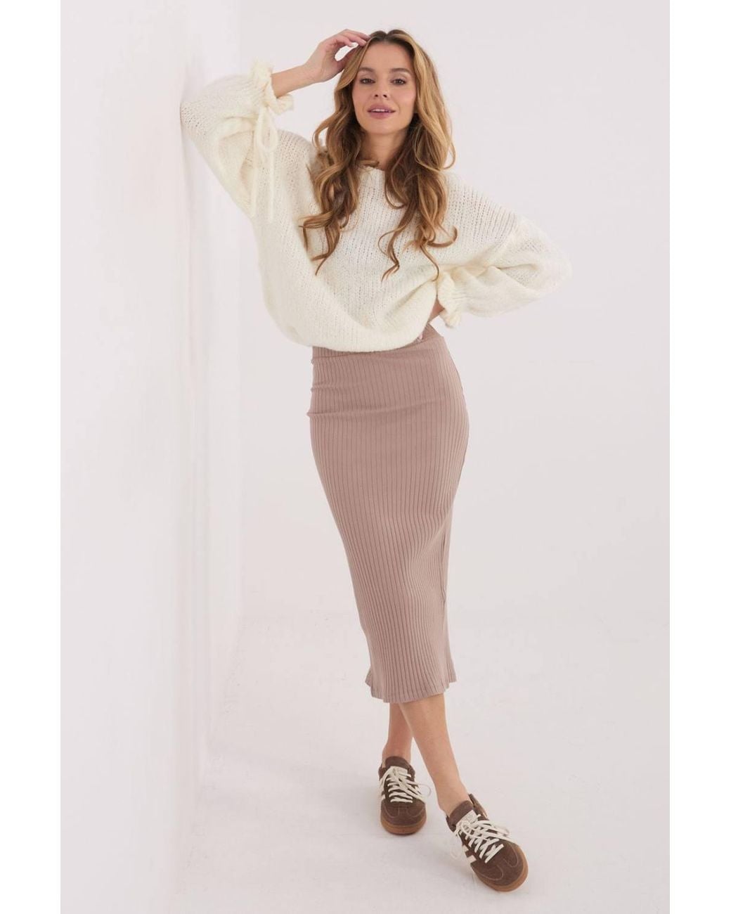 Love Lace Natural Ribbed Cotton Elastane Midi Knit Skirt Style 223372