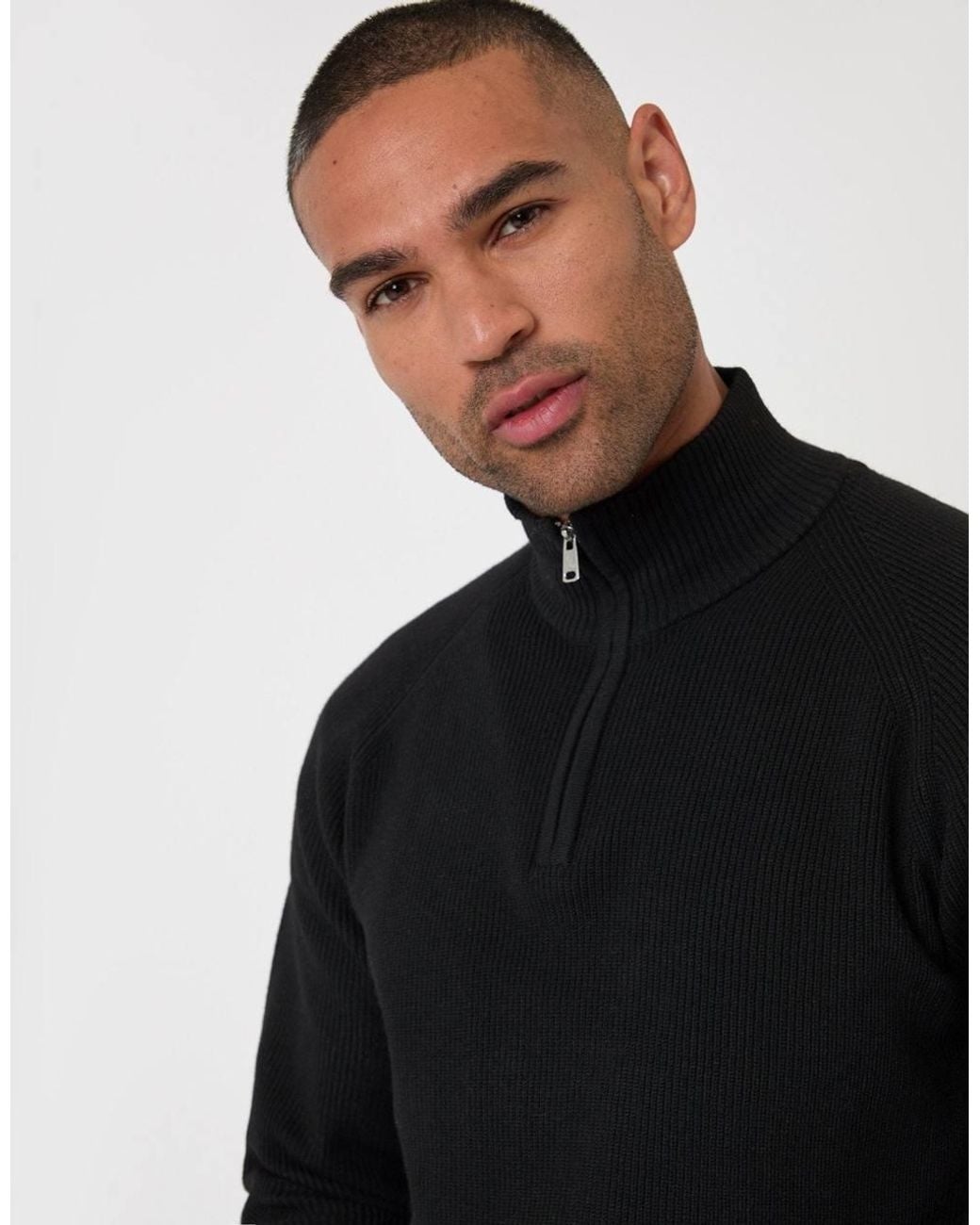 Threadbare Black Funnel Neck Quarter Zip Jumper for men