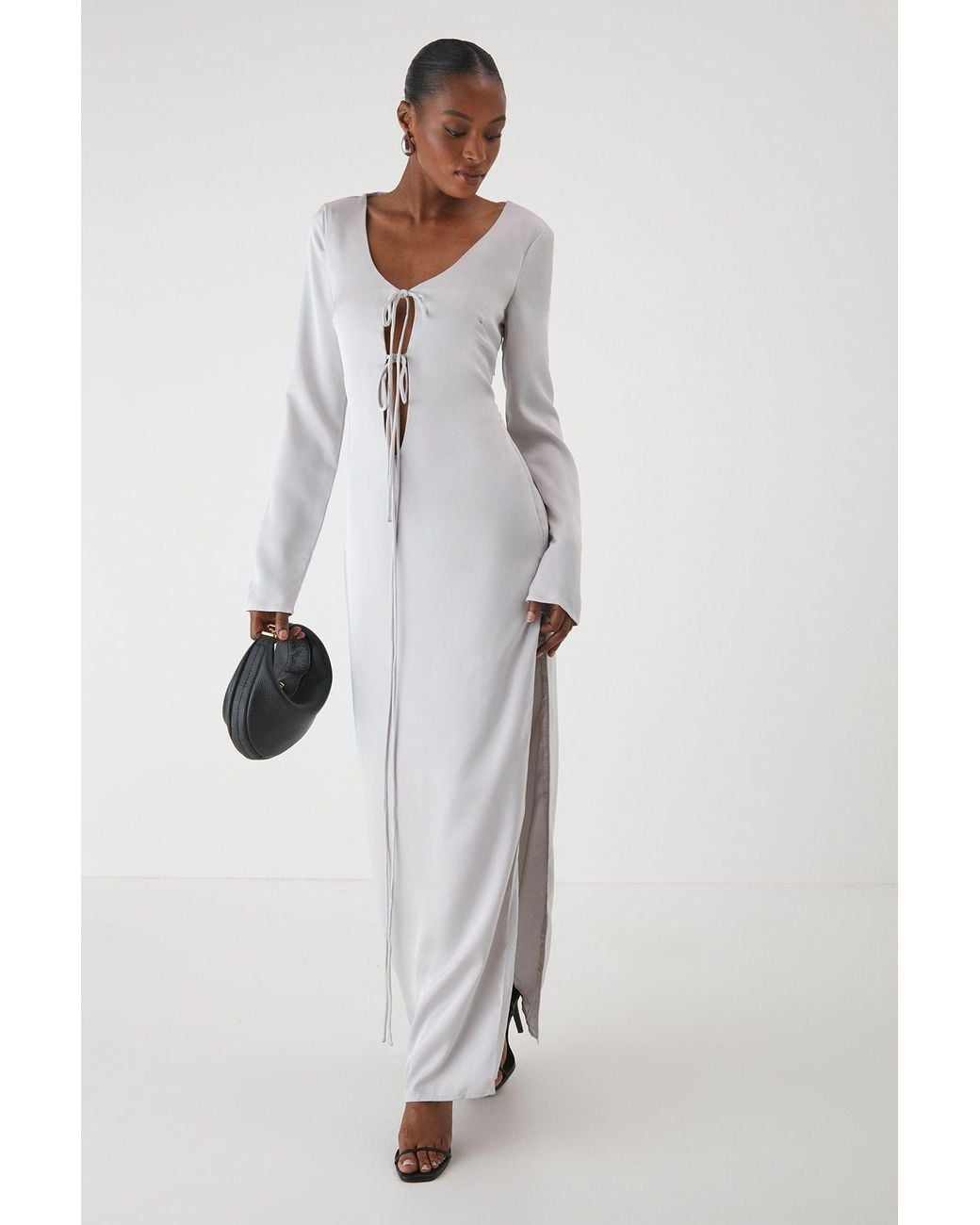 MissPap Metallic Premium Satin Tie Front Long Sleeve Maxi Dress
