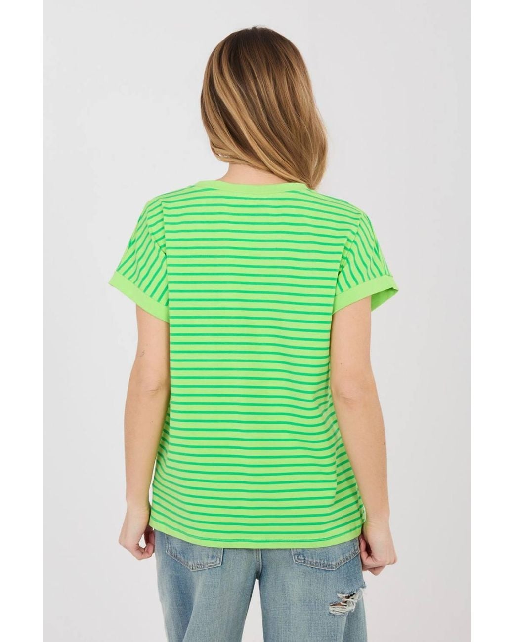 Love Lace Green Striped V Neck Cotton Elastane T-Shirt