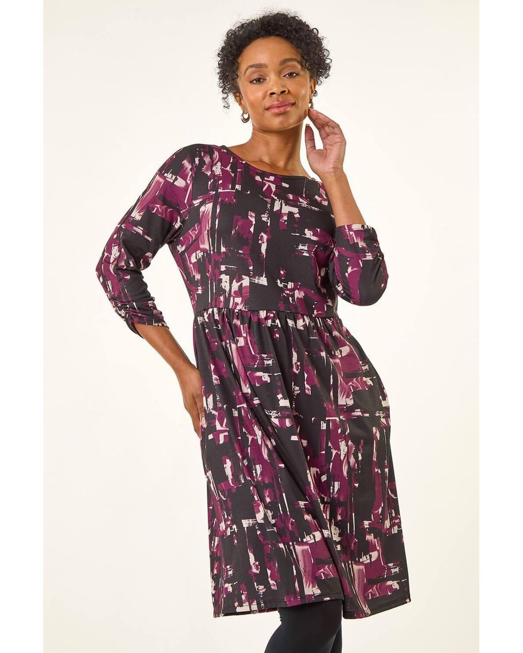 Roman Petite Abstract Gathered Stretch Dress
