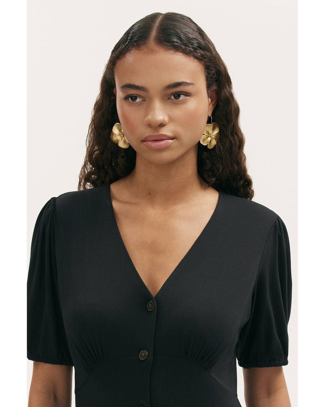 Finery London Black Milena Button Front Midi Dress
