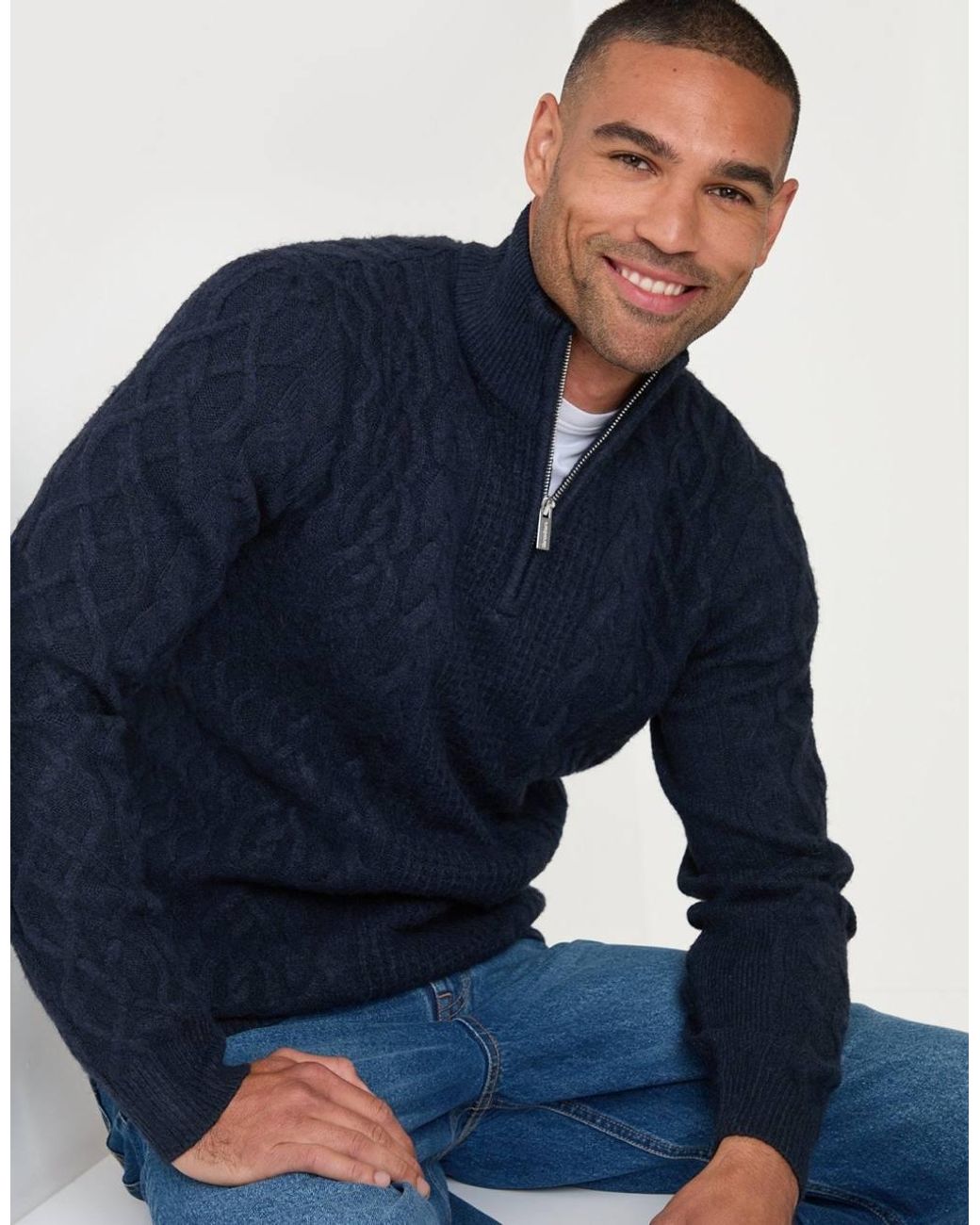 Threadbare Blue Cable Knit Quarter Zip Jumper for men
