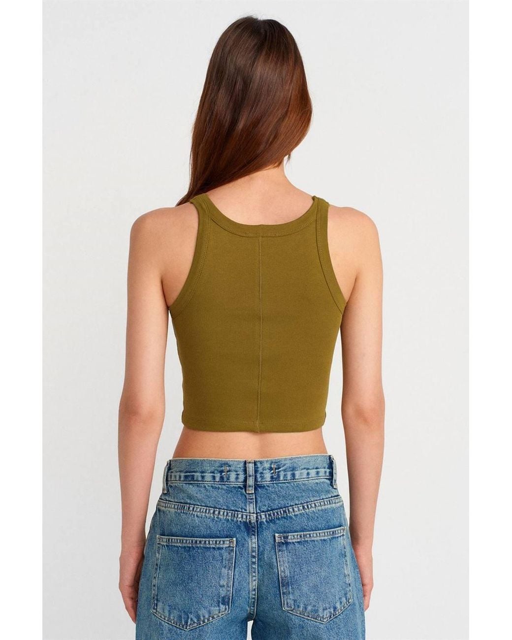Dilvin Green Ribbed Cotton-Blend Sleeveless Crop Top