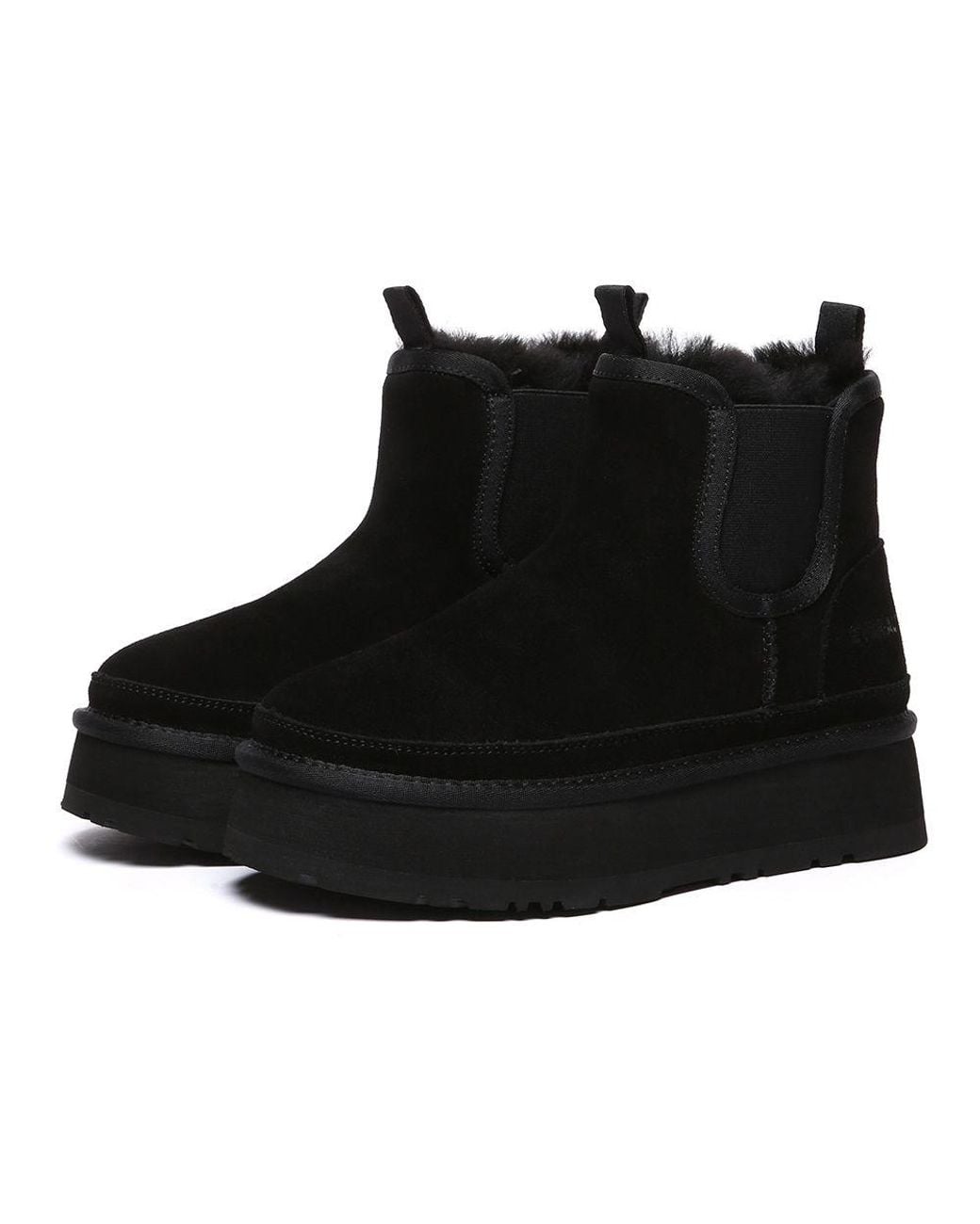 EverAu Australia Black Real Wool Shoveler Leather Platform Short Chelsea Boots With Eva Sole