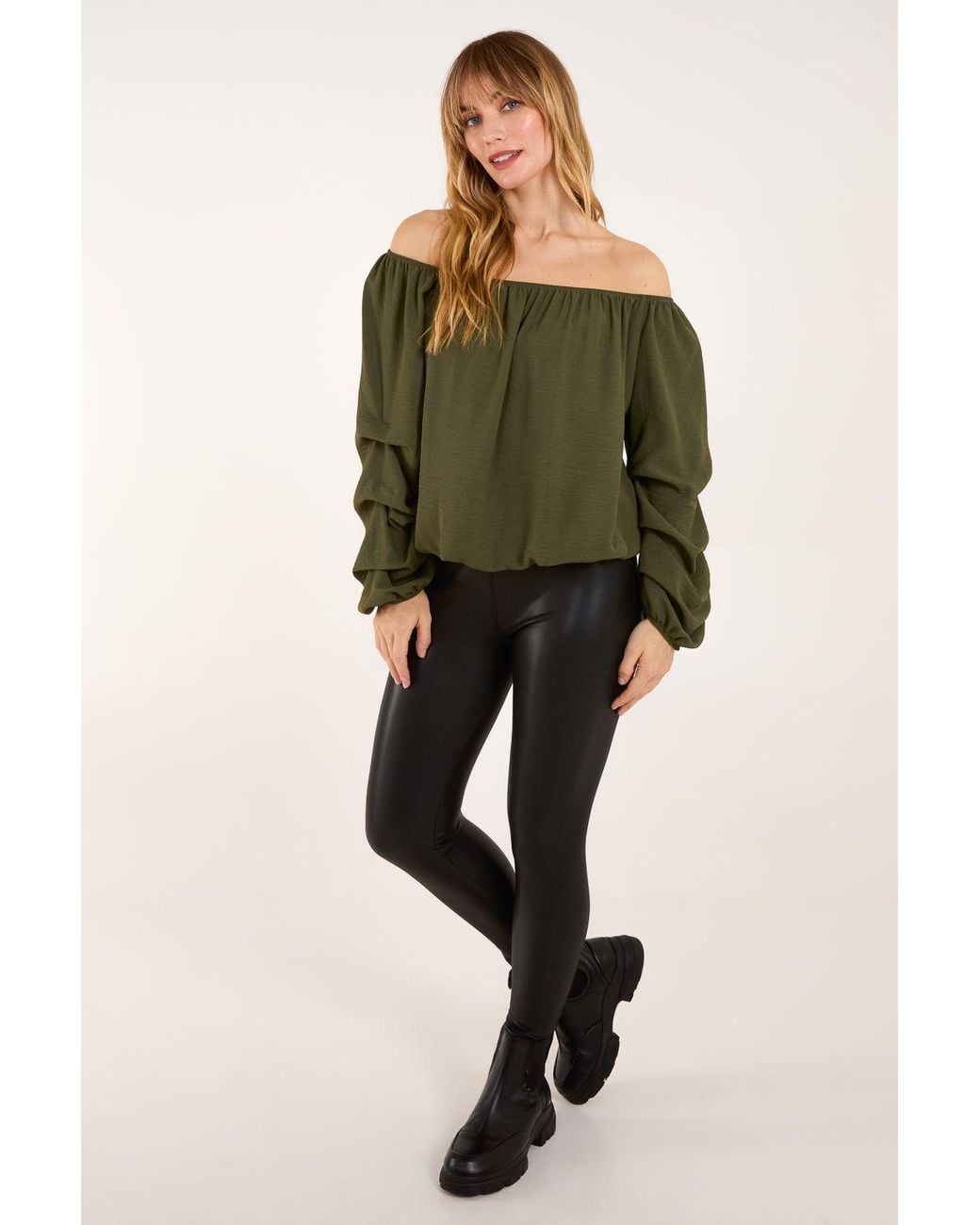 Blue Vanilla Green Bardot Elasticated Ruched Sleeve Top