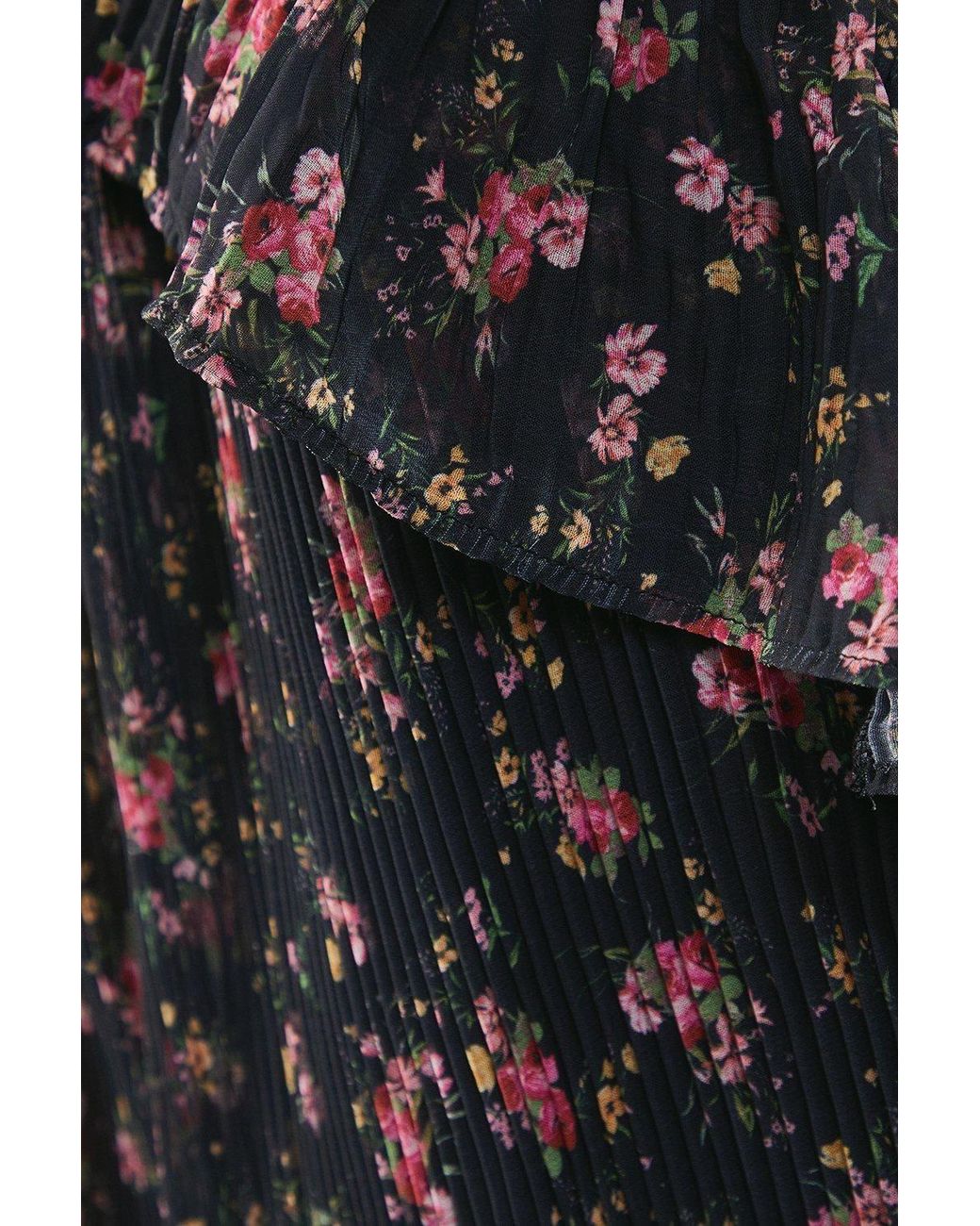 Warehouse Gray Floral Pleated Chiffon V Neck Mini Swing Dress