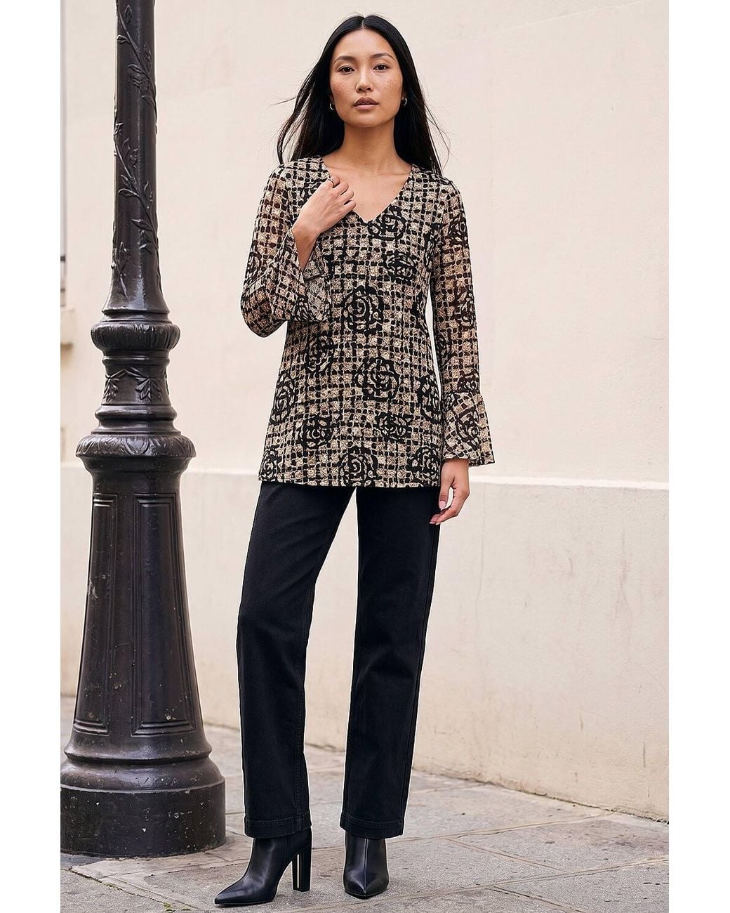 Roman Brown Floral Printed Lace Stretch Top