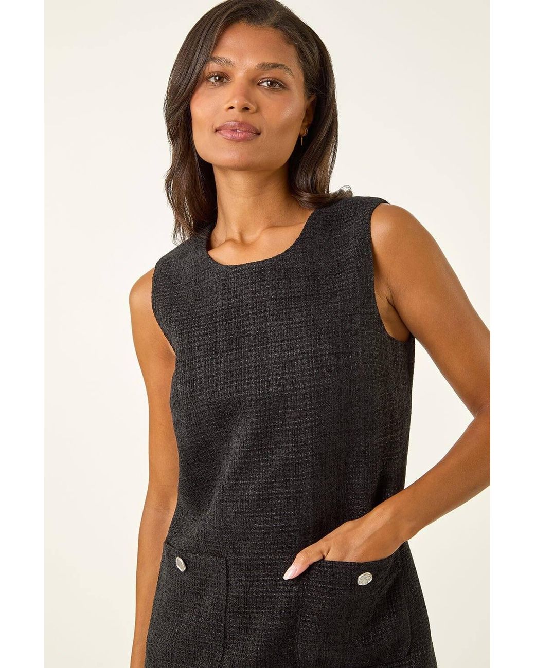 Roman Black Textured Pinafore Pocket Dress