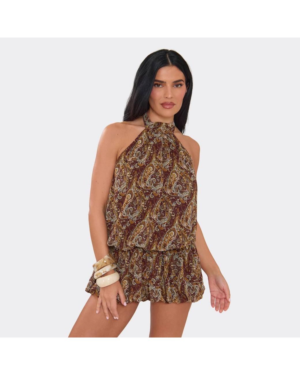 EGO Brown Sleeveless High Neck Paisley Playsuit