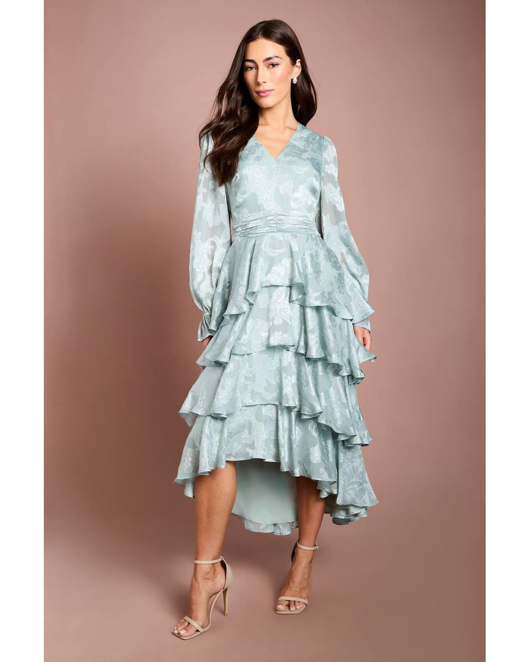 Coast Blue Satin Jacquard Tiered Blouson Sleeve Midi Dress