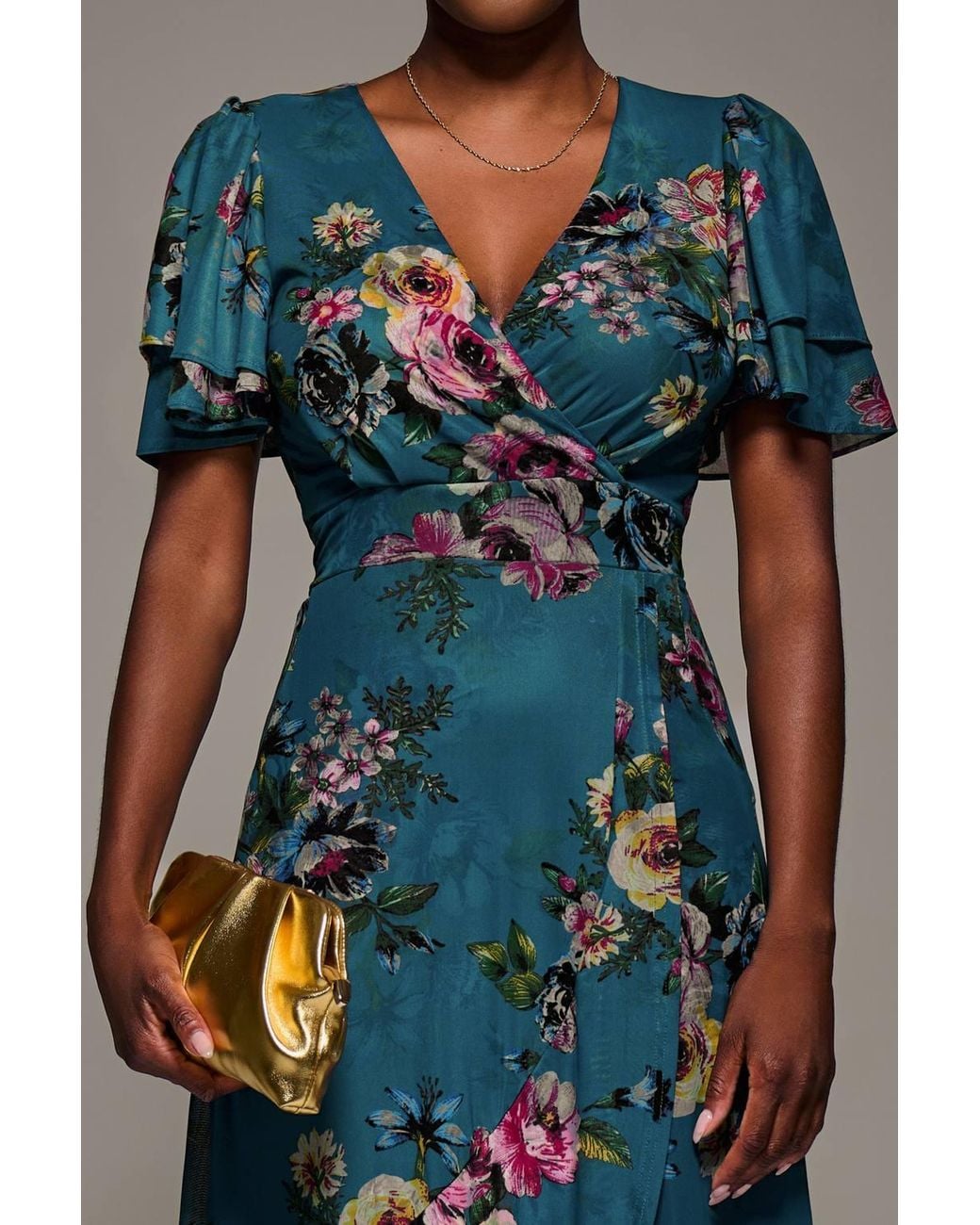 Jolie Moi Blue Angel Sleeve Mesh Frill Wrap Maxi Dress