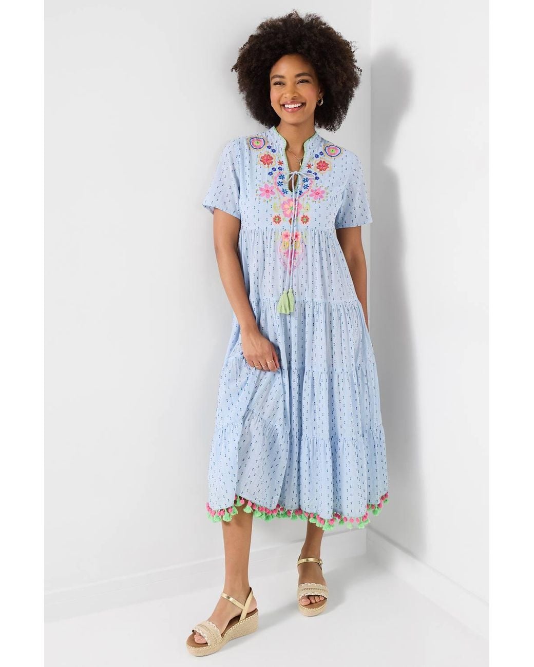 Joe Browns Blue Embroidered Midi Dress With Tie Neckline & Tassel Trim