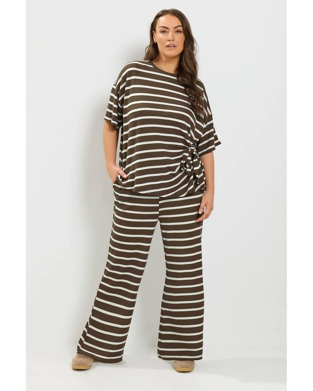 Yours Brown Stripe Tie Waist Trouser Set