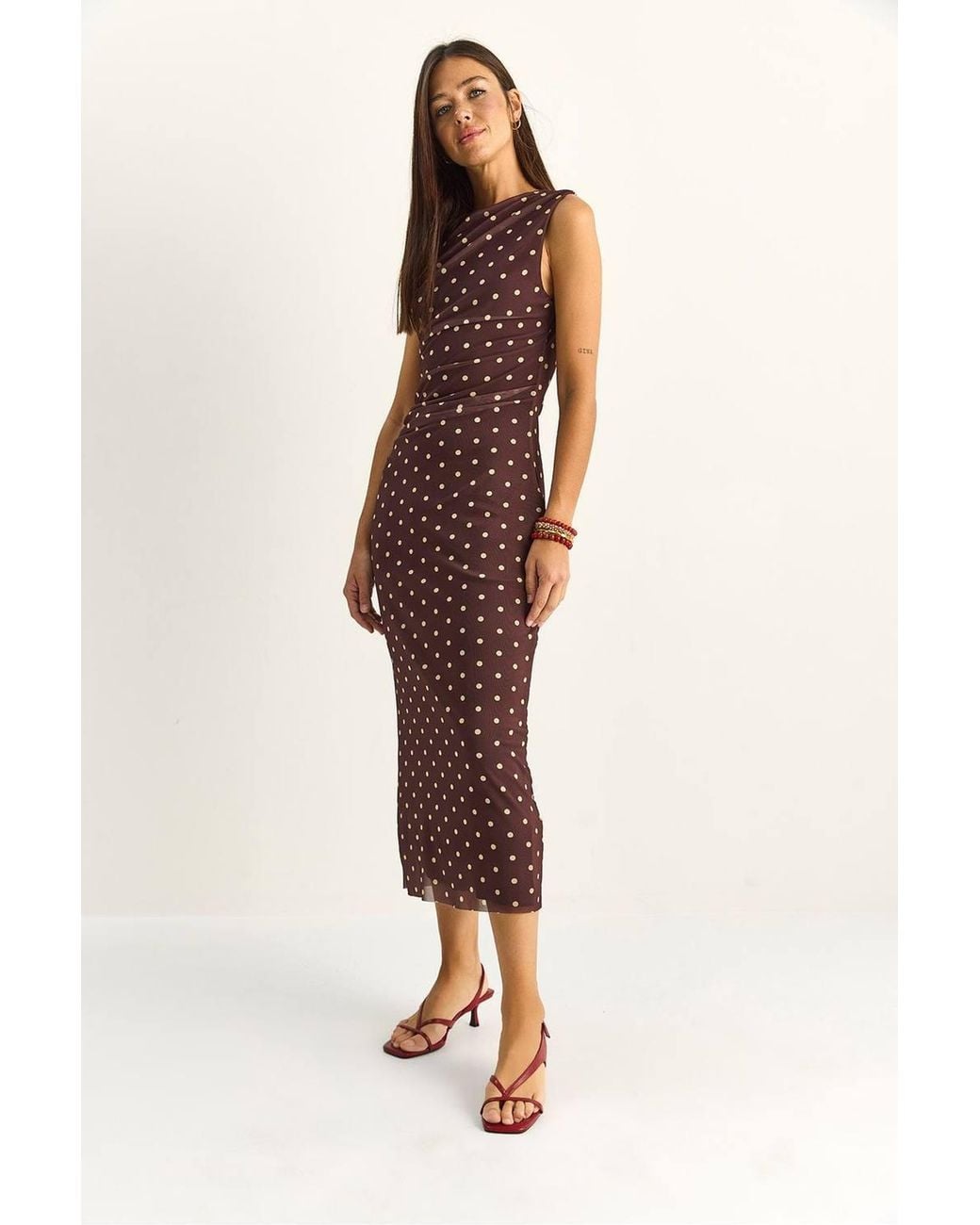 Bianco Lucci Brown Polka Dot Bodycon Midi Dress