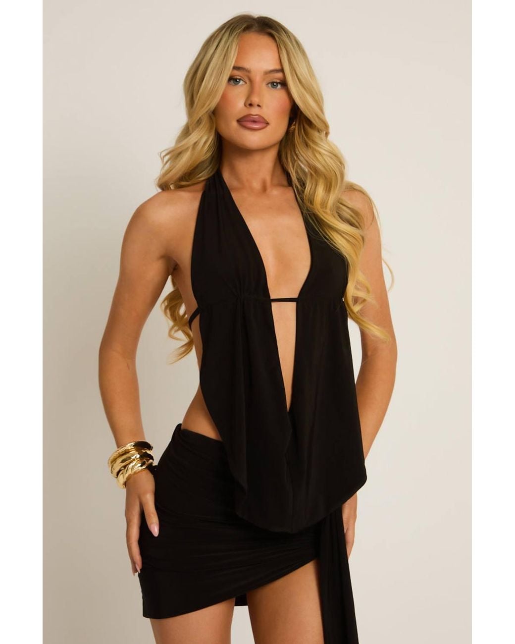 Rebellious Fashion Black Lama Plunge Neck Cowl Detail Top & Mini Skirt Co-Ord Set