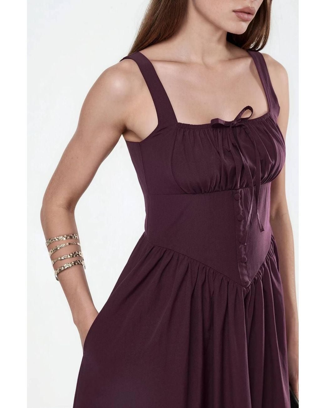 Busem Purple Midi Dress With Square Collar & Button Detail
