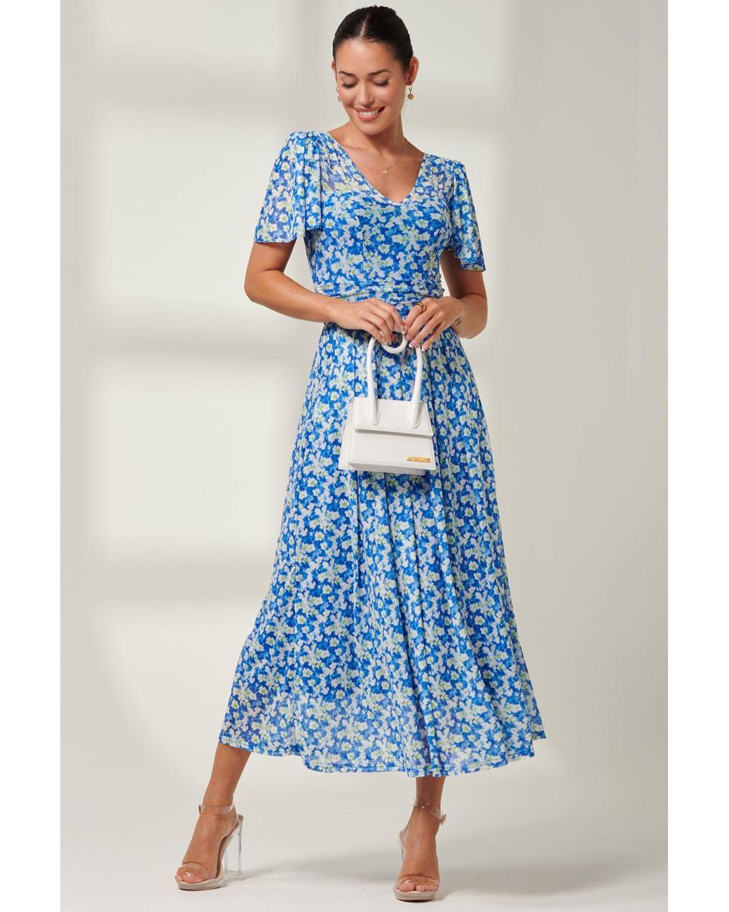 Jolie Moi Blue Bianca V-Neck Pleated Mesh Maxi Dress