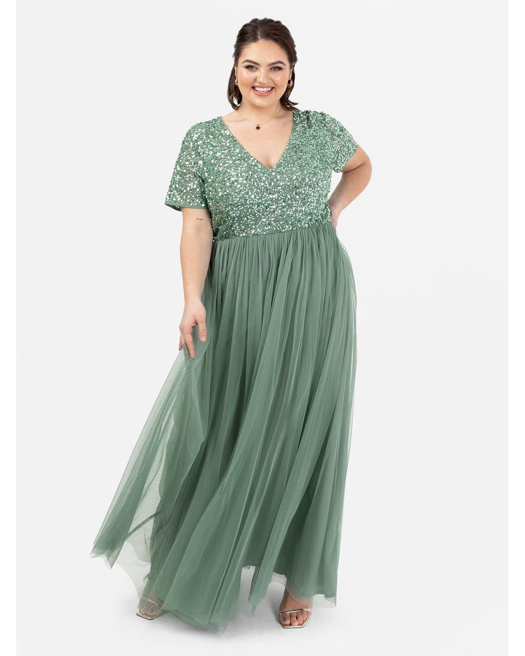 Maya Deluxe Green Short Sleeve V Neck Embellished Maxi Dress