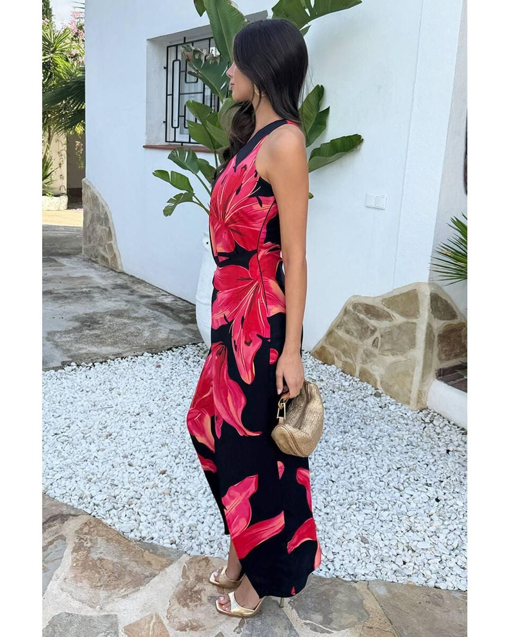 AX Paris Black Coral Floral Print One Shoulder O-Ring Midi Dress