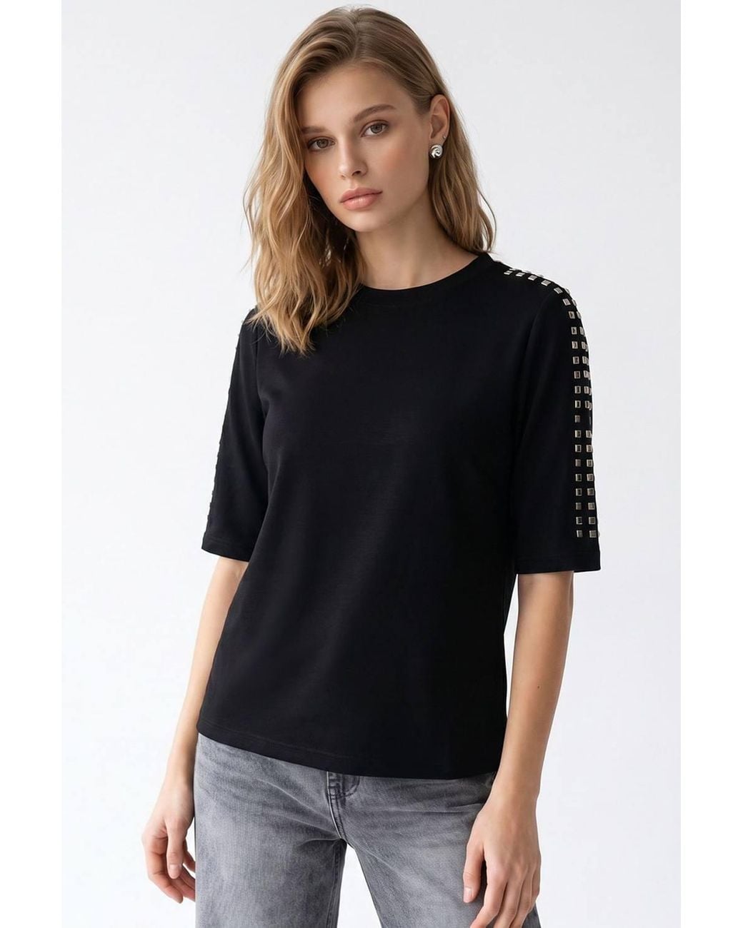 MixRay Black Crew Neck Stone Blouse