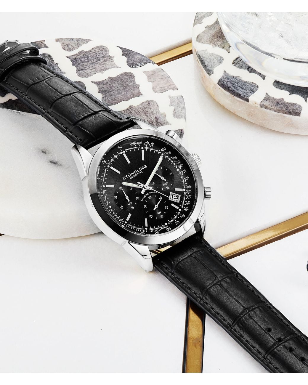 Stuhrling Black Rialto Chronograph Watch Quartz With Tachymeter 44Mm Case Leather Band for men
