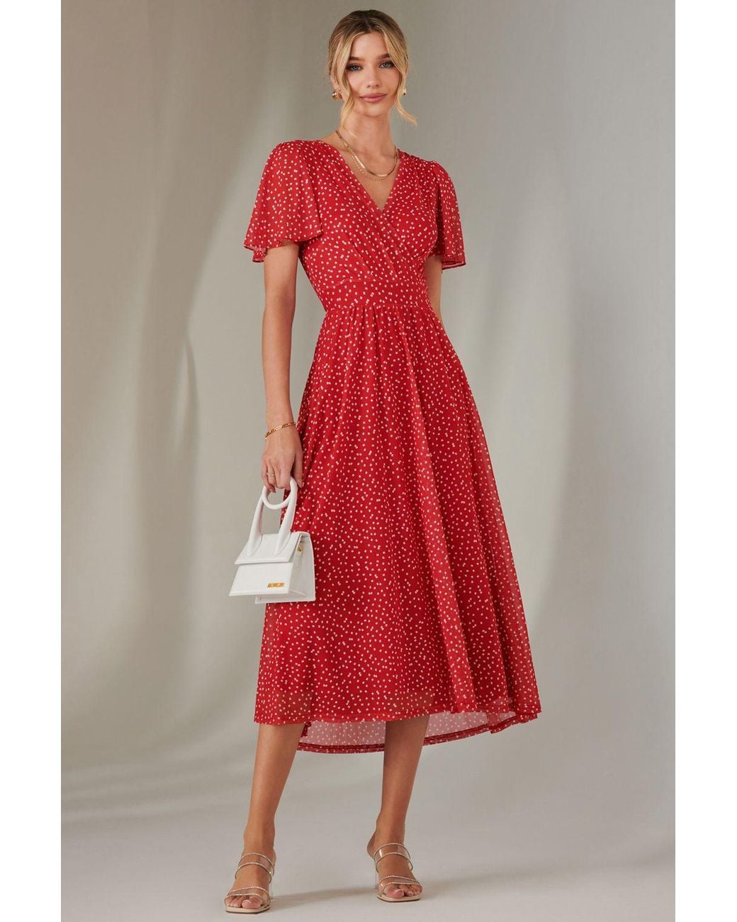 Jolie Moi Red Angel Sleeve Wrap Bodice Mesh Maxi Dress
