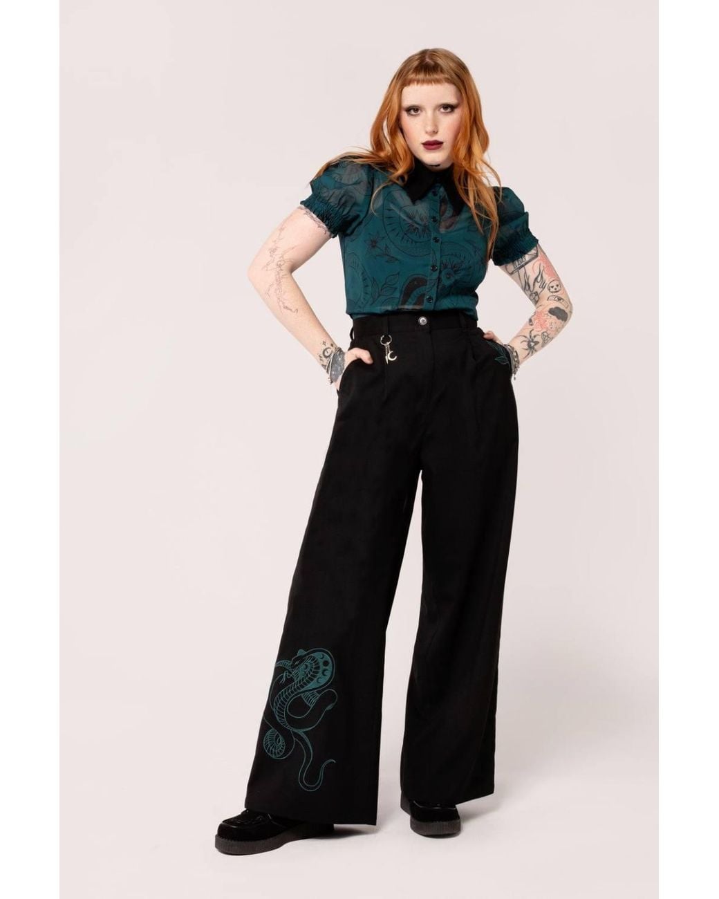 Hell Bunny Blue Venom High Waist Wide Leg Trousers With Snake Embroidery Chain Detail