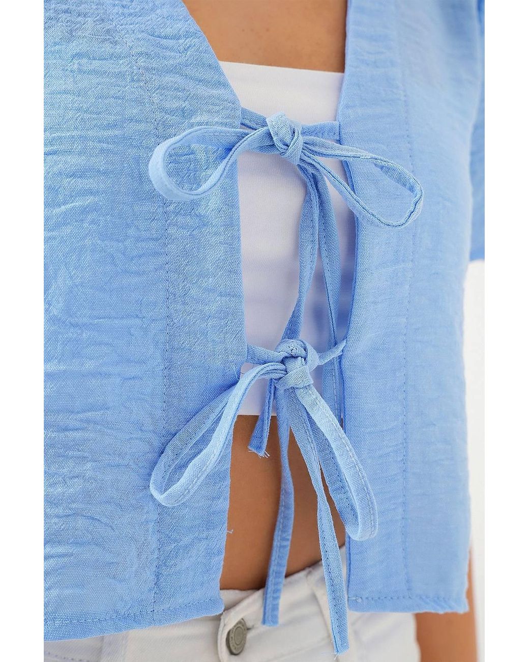 Bigdart Blue Textured V-Neck Linen Blend Crop Top