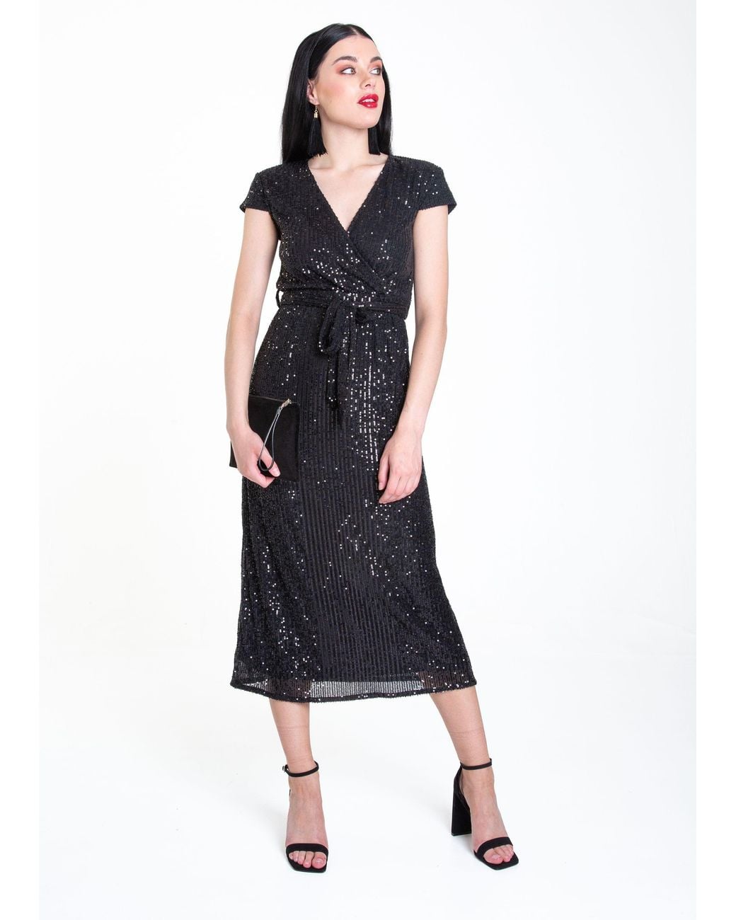 Gini London Blue Sequin Belted Midi Wrap Dress