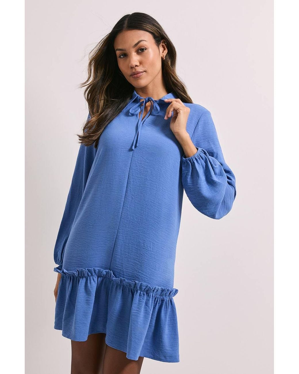Dorothy Perkins Blue Tie Neck Collar Detail Shift Mini Dress