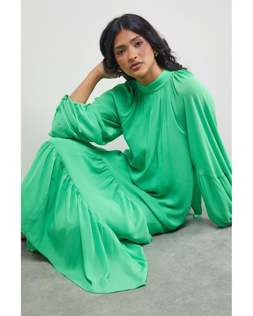 Warehouse Green Tony Chiffon High Neck Tier Smock Midi Dress