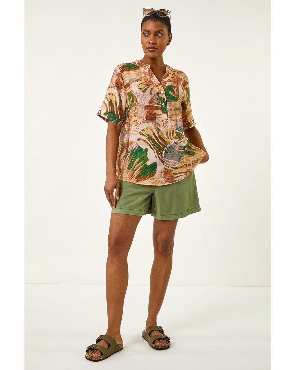 Roman Brown Abstract Print V-Neck Button Top