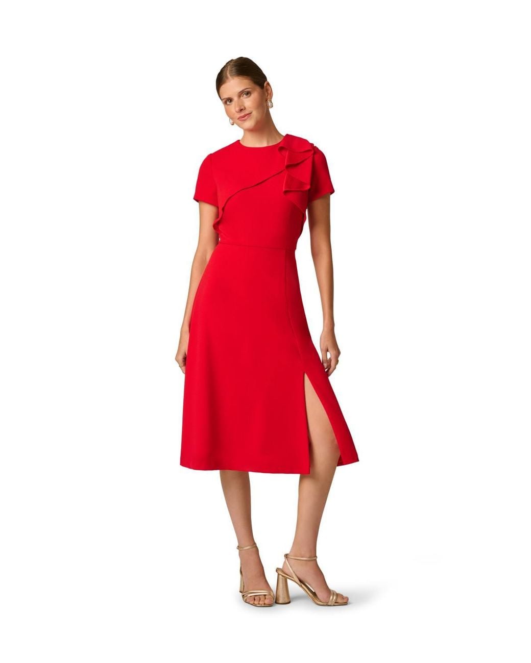 Adrianna Papell Red Ruffle Bodice Midi Dress