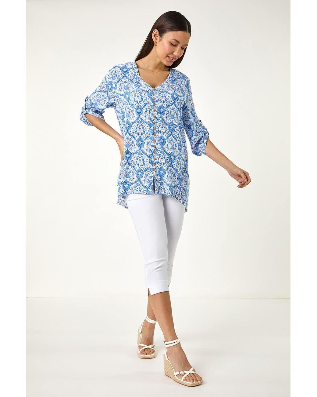 Roman Blue Floral Printed Button Detail Top