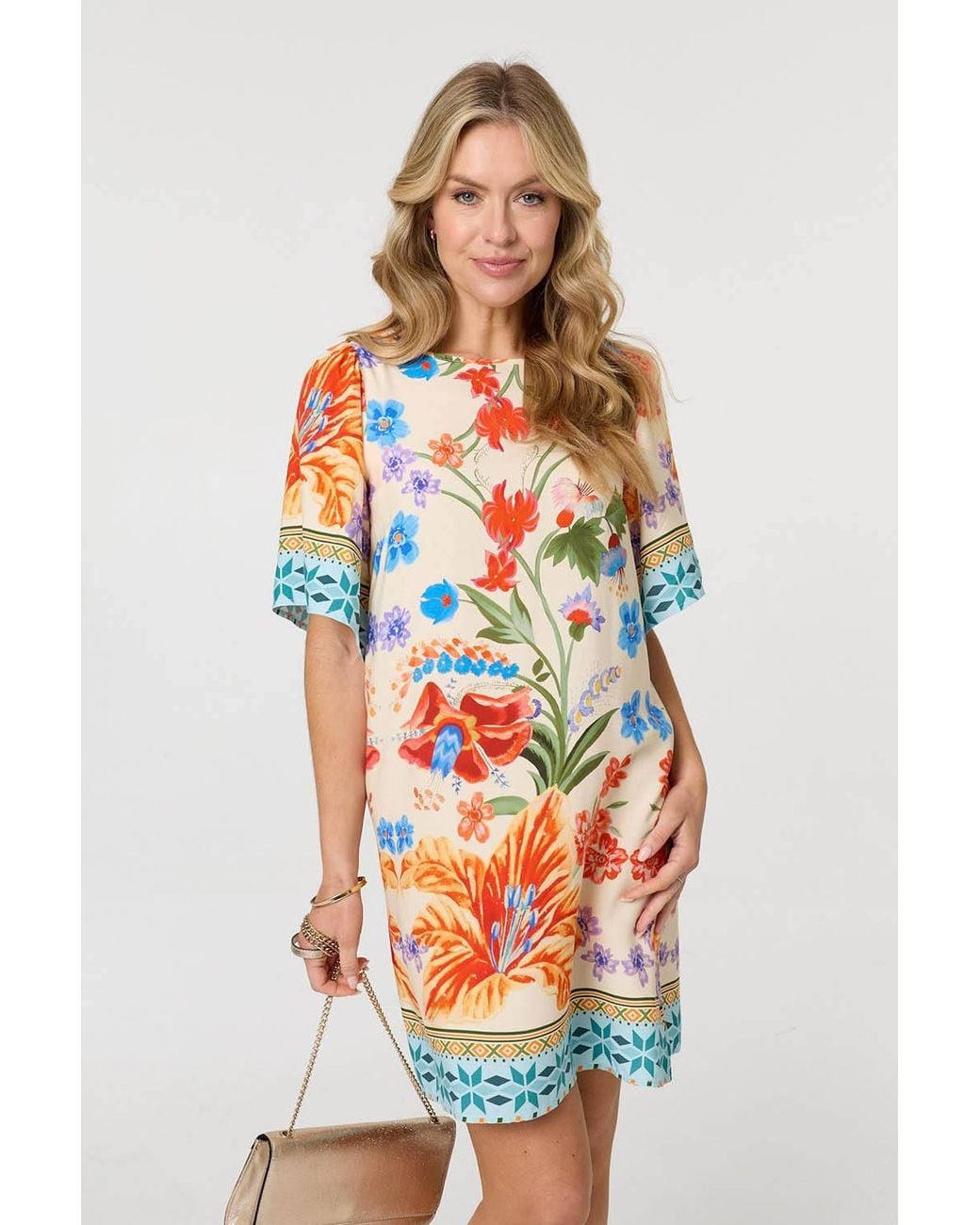 Izabel London Orange Floral Border Print Short Shift Dress