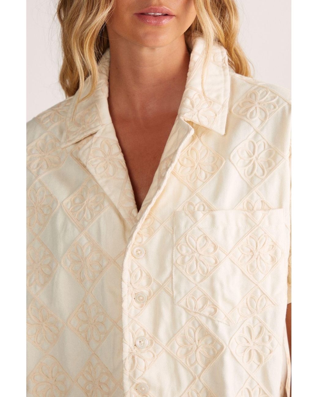 Nasty Gal Natural Embroidered Flower Short Sleeve Denim Shirt