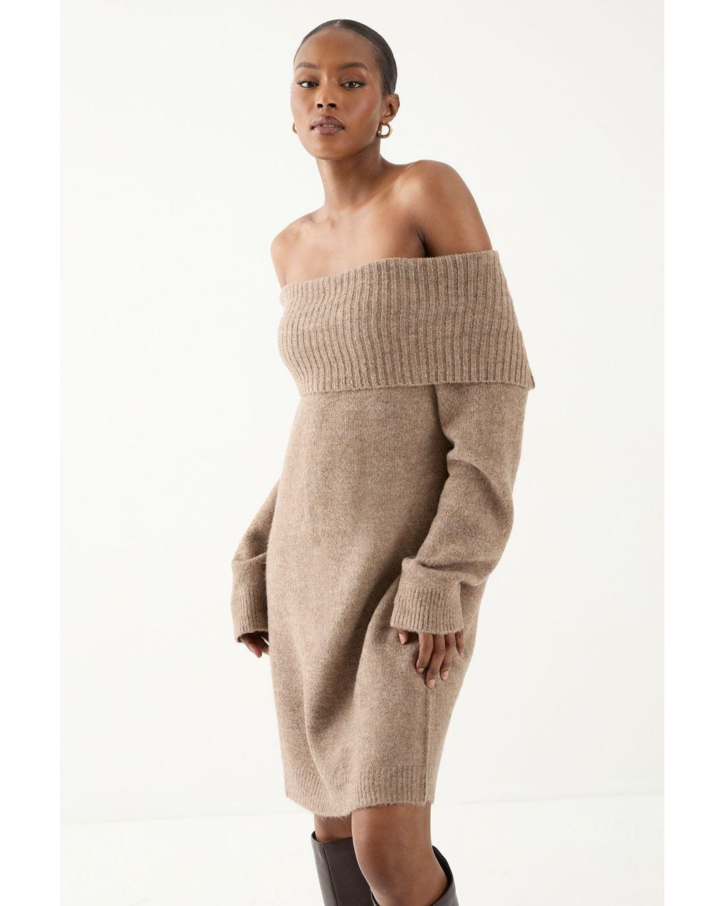 MissPap Natural Premium Knit Bardot Foldover Jumper Dress
