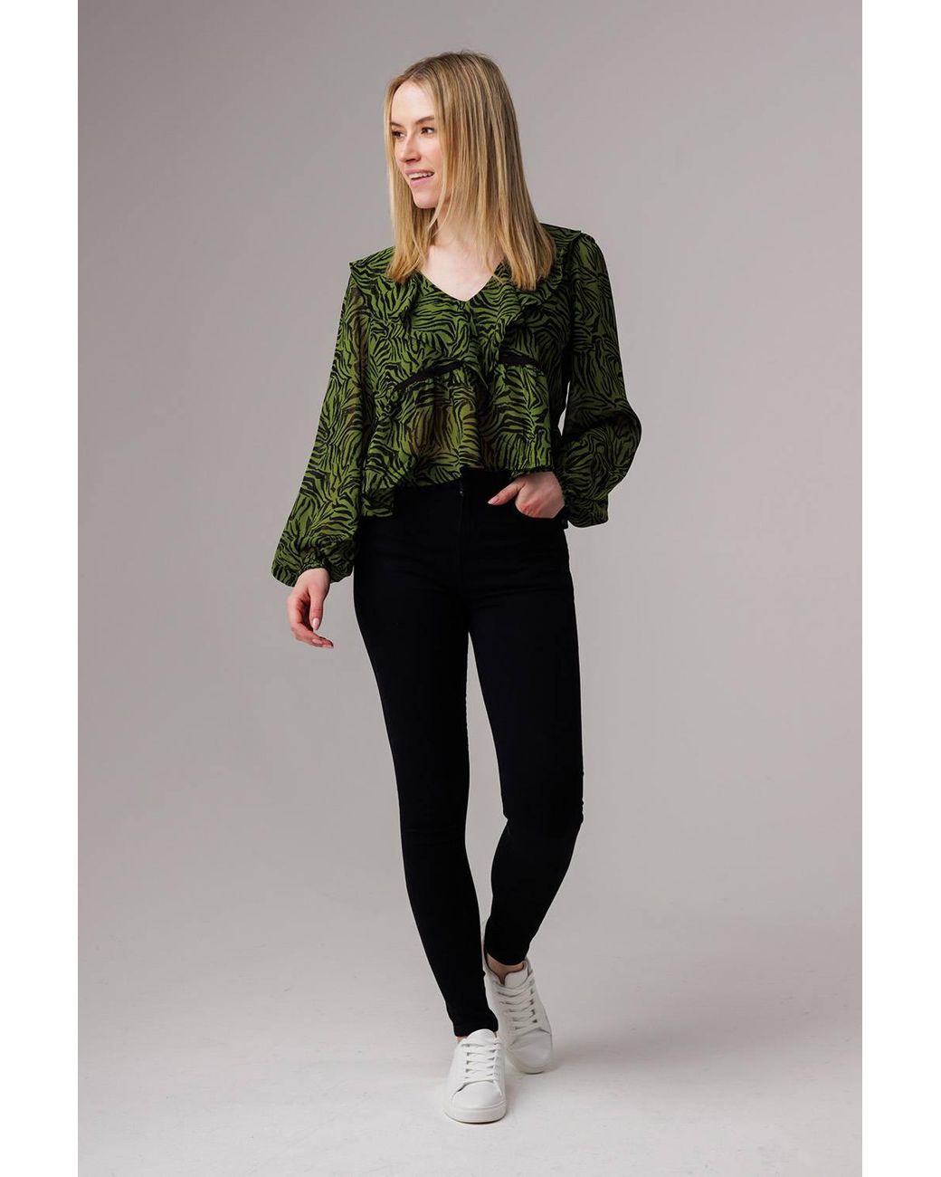 Influence Green Animal Print Ruffle V-Neck Long Balloon Sleeve Blouse