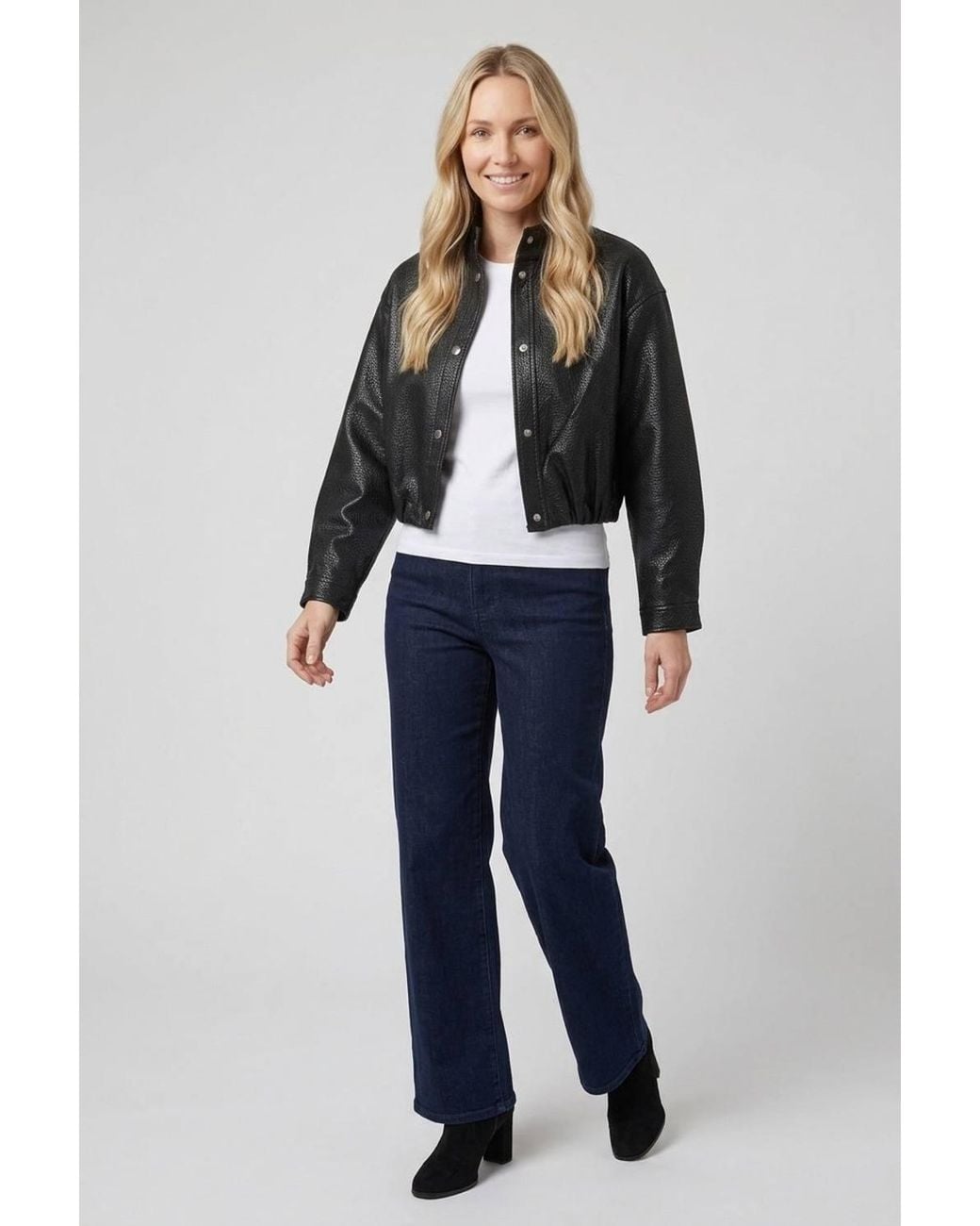 Izabel London Blue Faux Leather High Neck Cropped Jacket