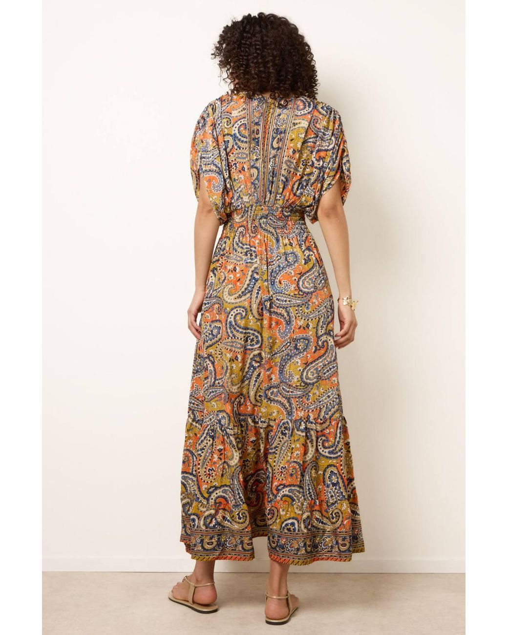 Blue Vanilla Natural Shirred Waist Multi Three Quarter Sleeve V-Neck Maxi Dress
