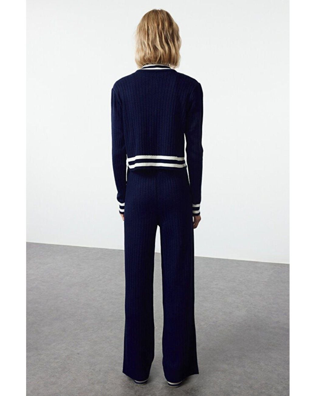 WOVCOR Blue 2-Piece Set Zip-Up Knit Cardigan & Wide Leg Pants