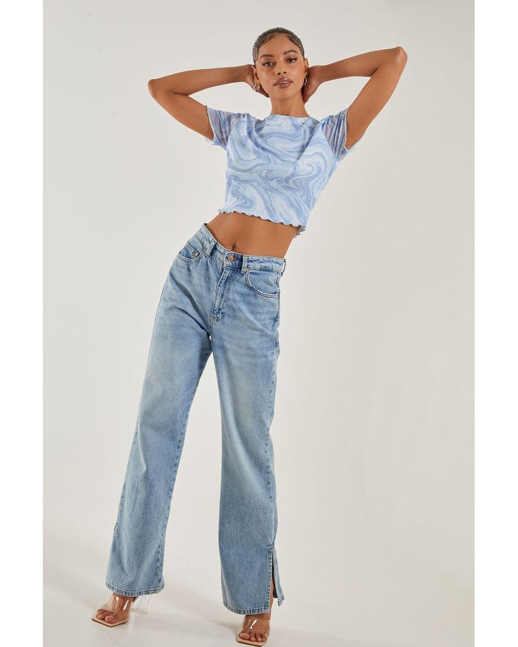 Pink Vanilla Blue Swirl Print Capped Sleeve Mesh Top