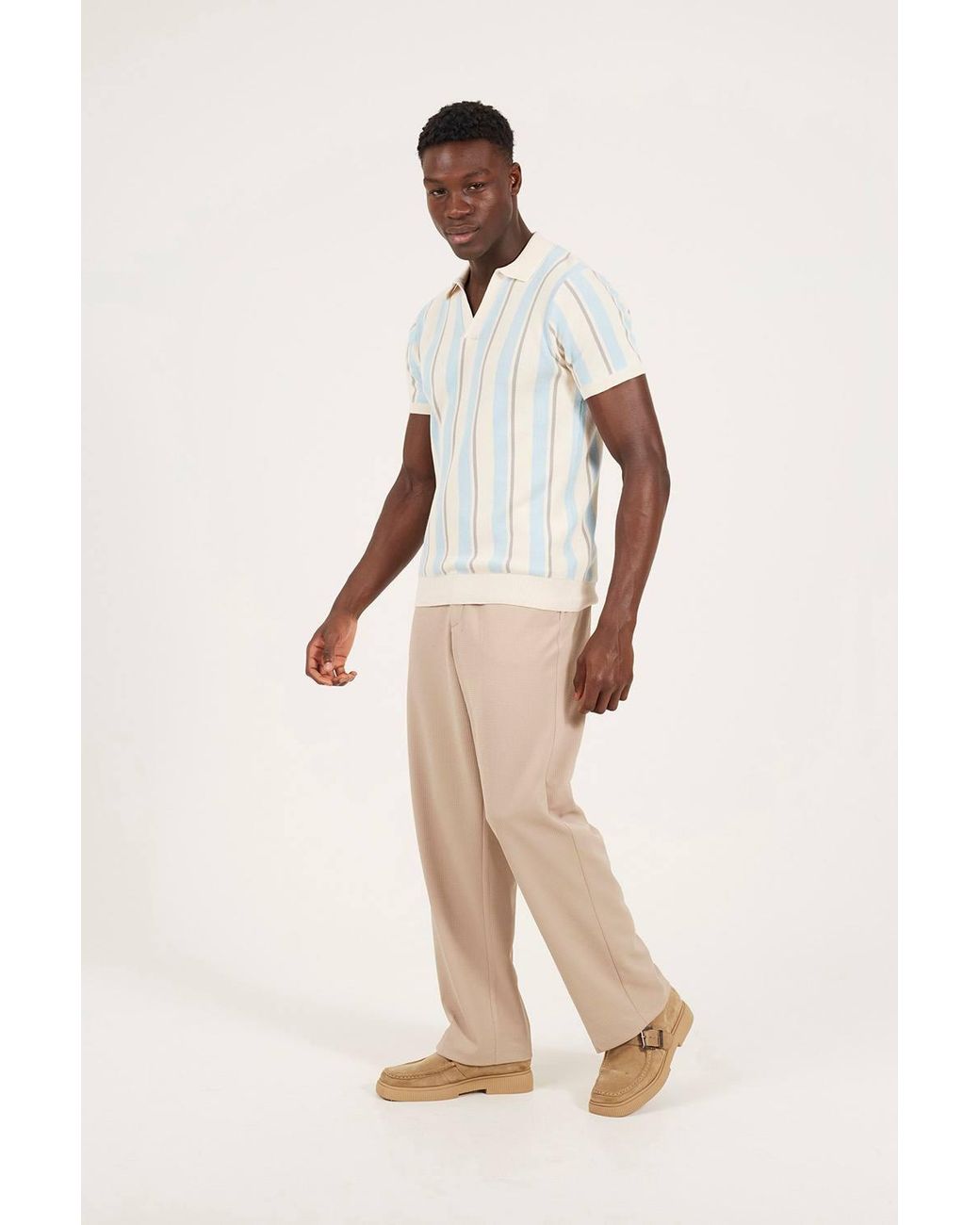 Brave Soul Natural Striped Trophy Neck Knitted Polo Shirt for men