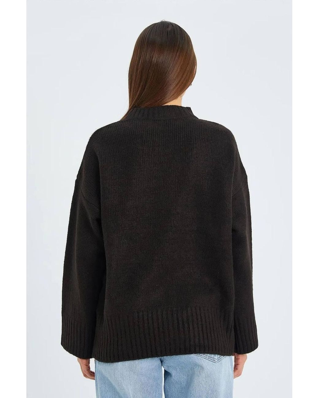 MixRay Black Oversized Ribbed Knit Sweater With Crew Neck