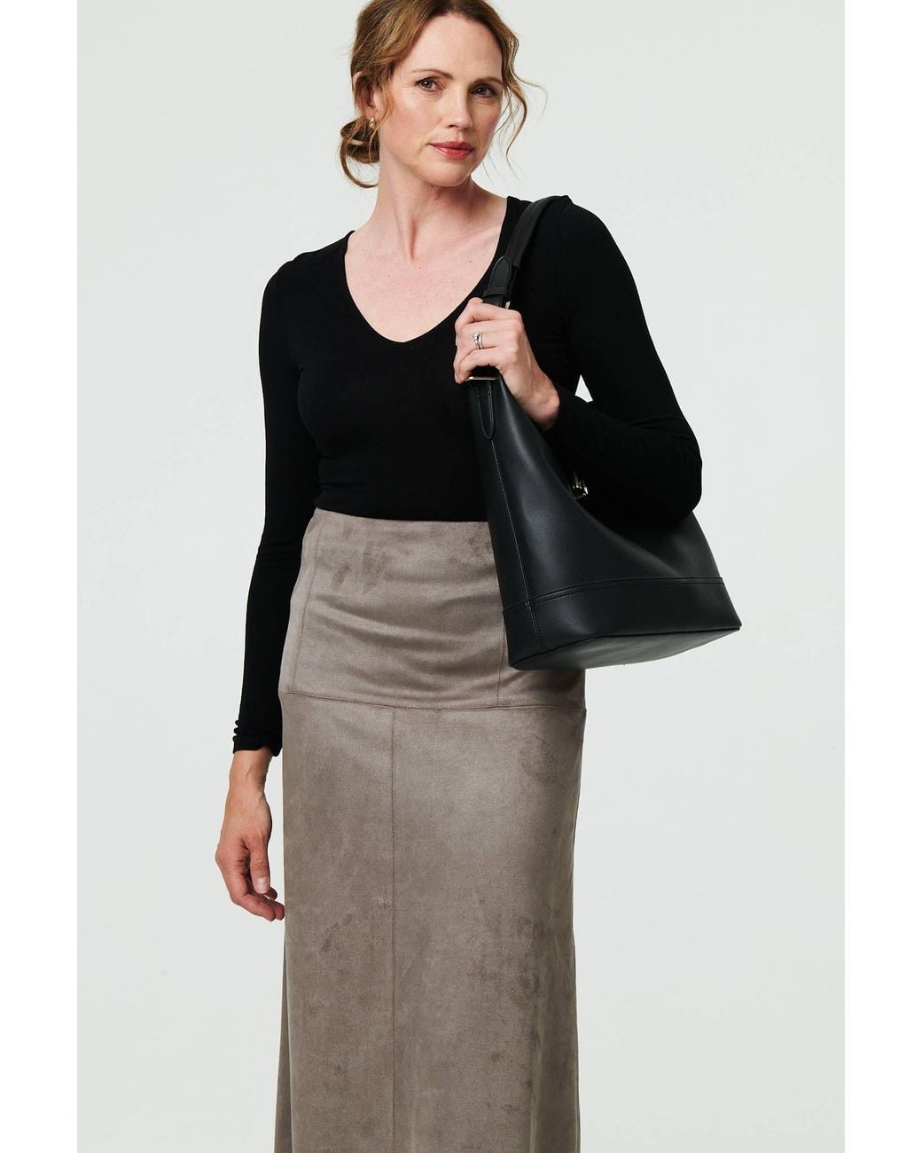 Izabel London Gray Faux Suede A-Line High Waist Midi Skirt