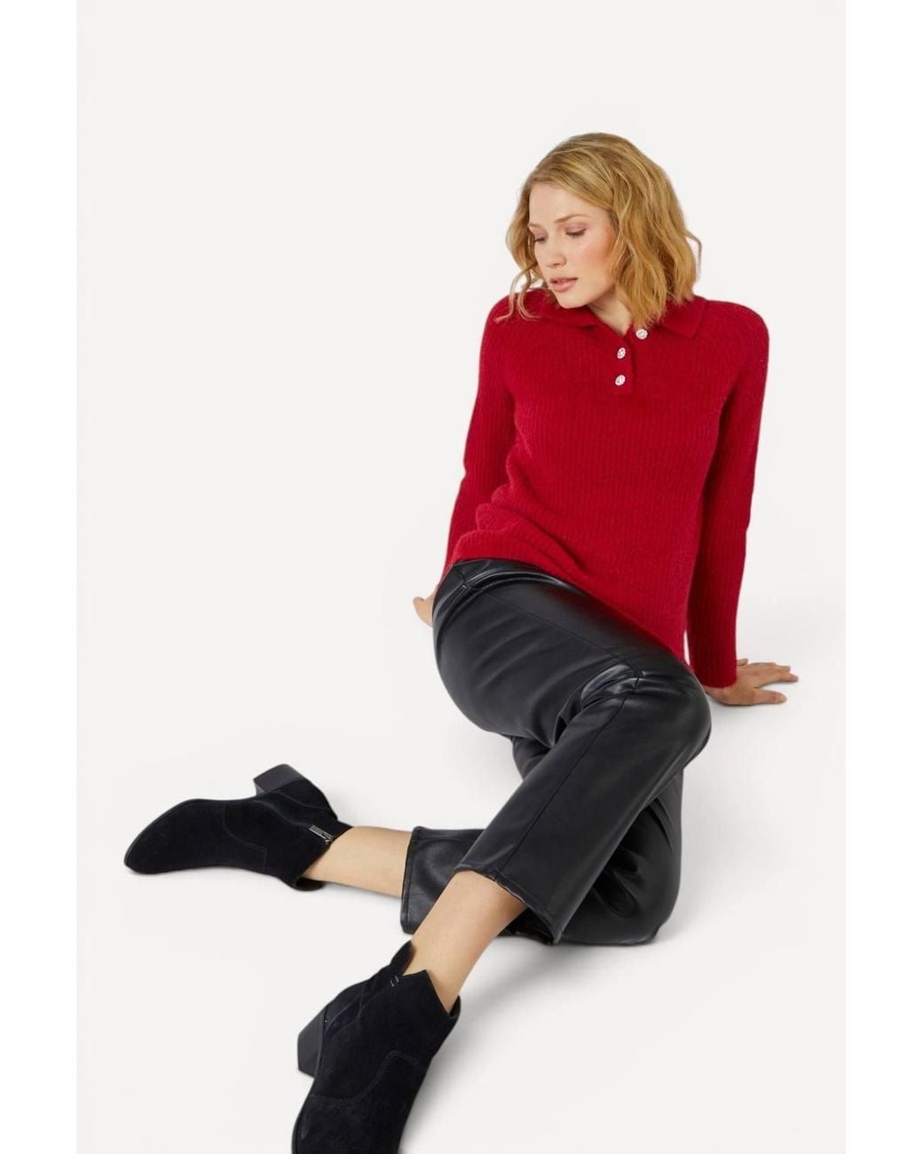 DAMART Red Cosy Soft-Knit Long Sleeved Polo Collar Jumper With Jewelled Buttons