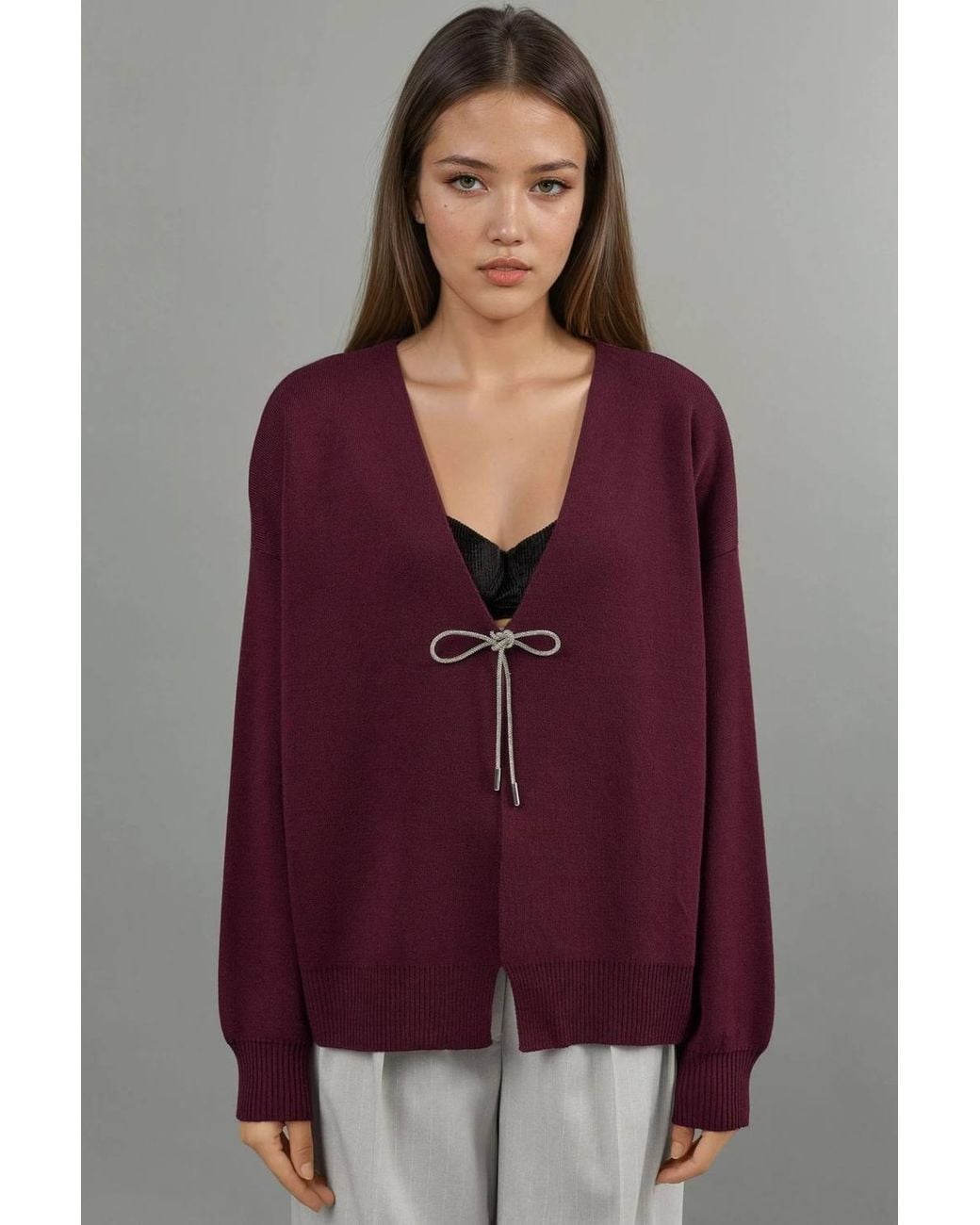 Hiccup Purple V-Neck Knitwear Cardigan With Bow Detail
