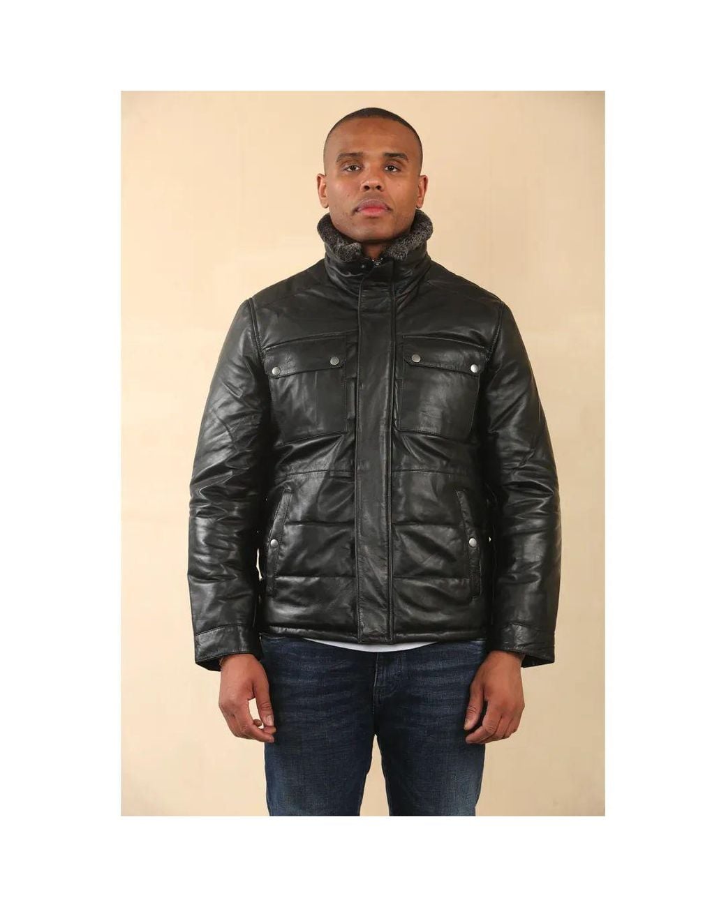 TruClothing Black Quilted Faux Fur Collar Leather Jacket for men